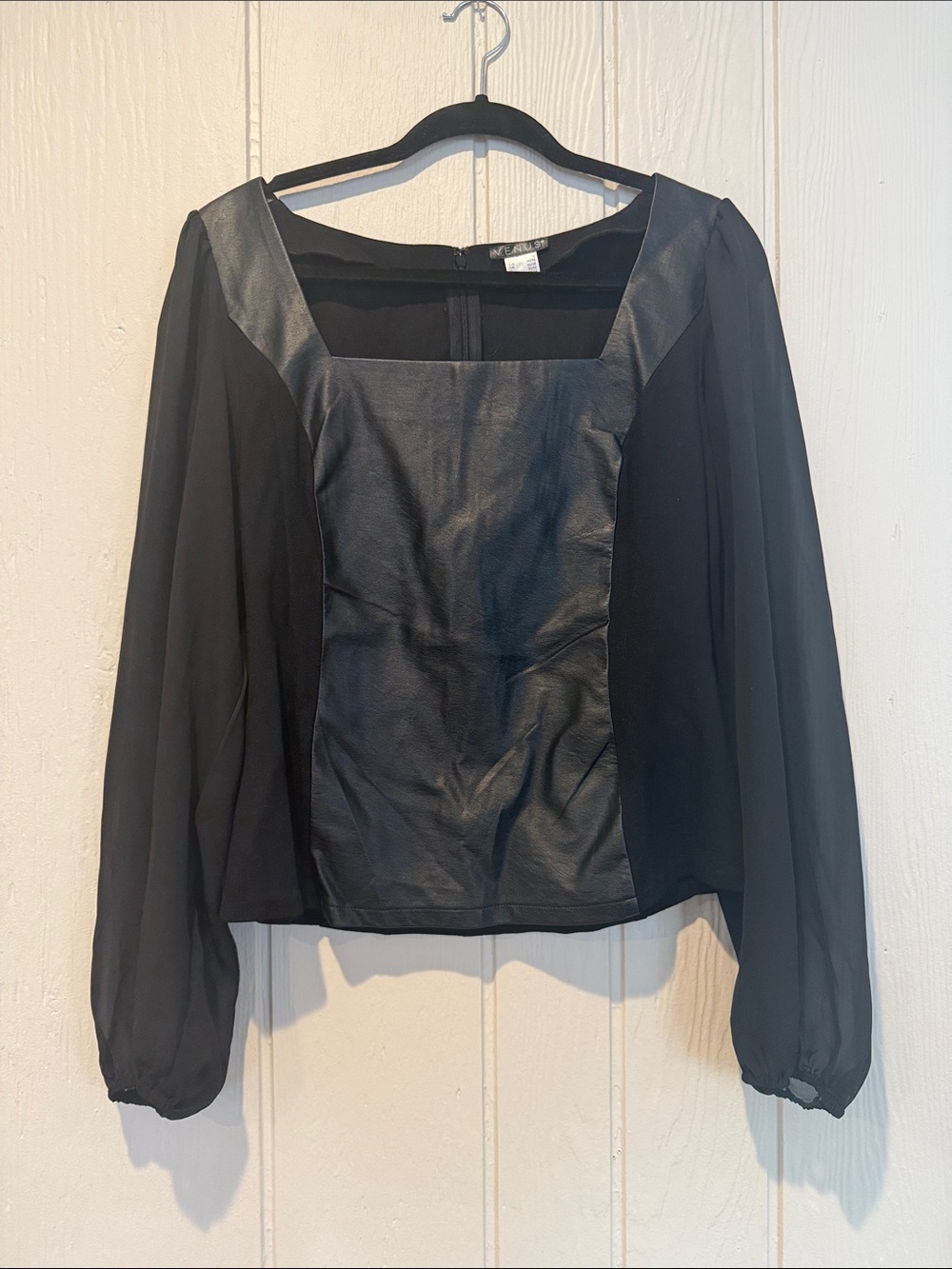 Black Faux-Leather Panel Puff Sleeve Top